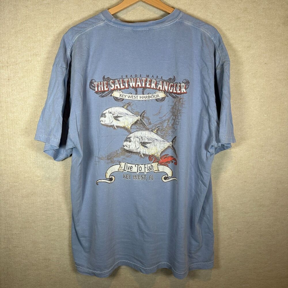 Reel Saltwater Angler Mens 2XL Blue Garment Dyed Fishing Graphic T Shirt